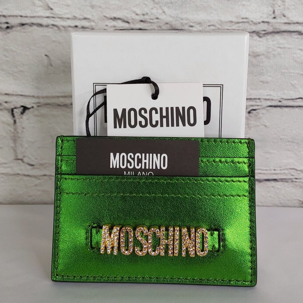 'MOSCHINO' LEATHER 'CASINO KRYSTAL' RAISED BLING LOGO FRONT FOILED CARD CASE